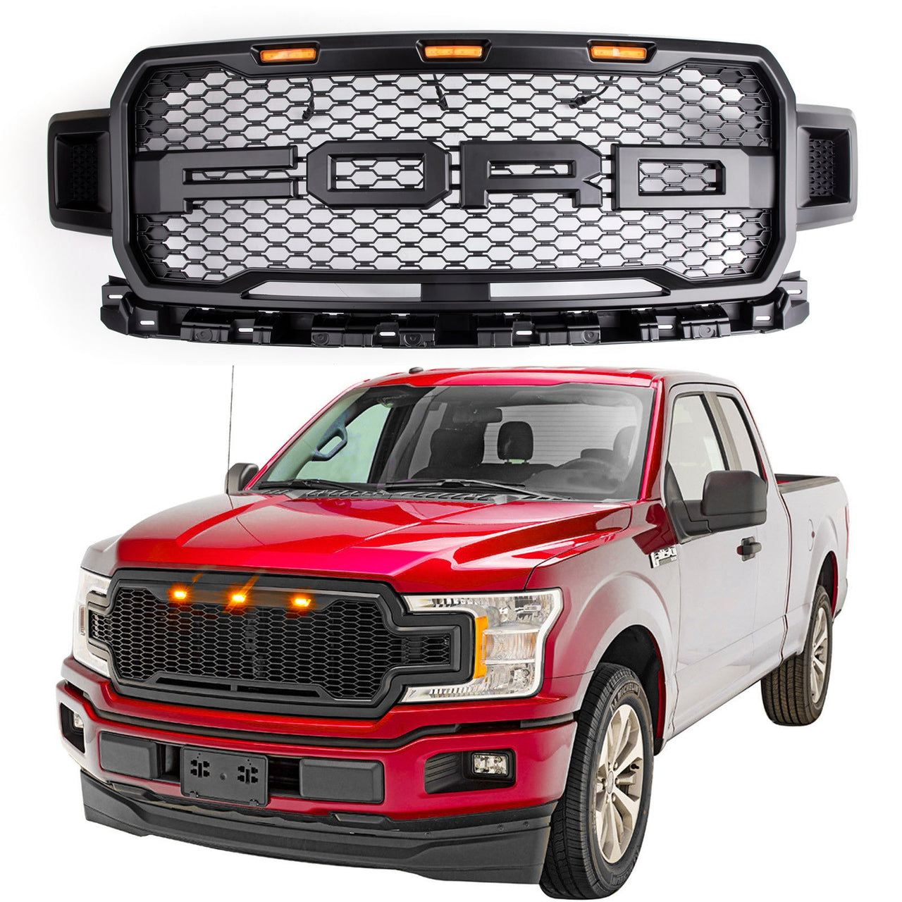 18-20 Ford F150 Honeycomb Grill Amber LED Raptor Style Grill Repalcment Generic