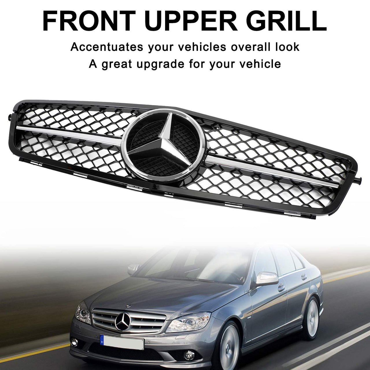 08-14 C-Class W204 C300 C350 Benz Grille ABS Gloss Black Chrome Front Grille Replacement Generic