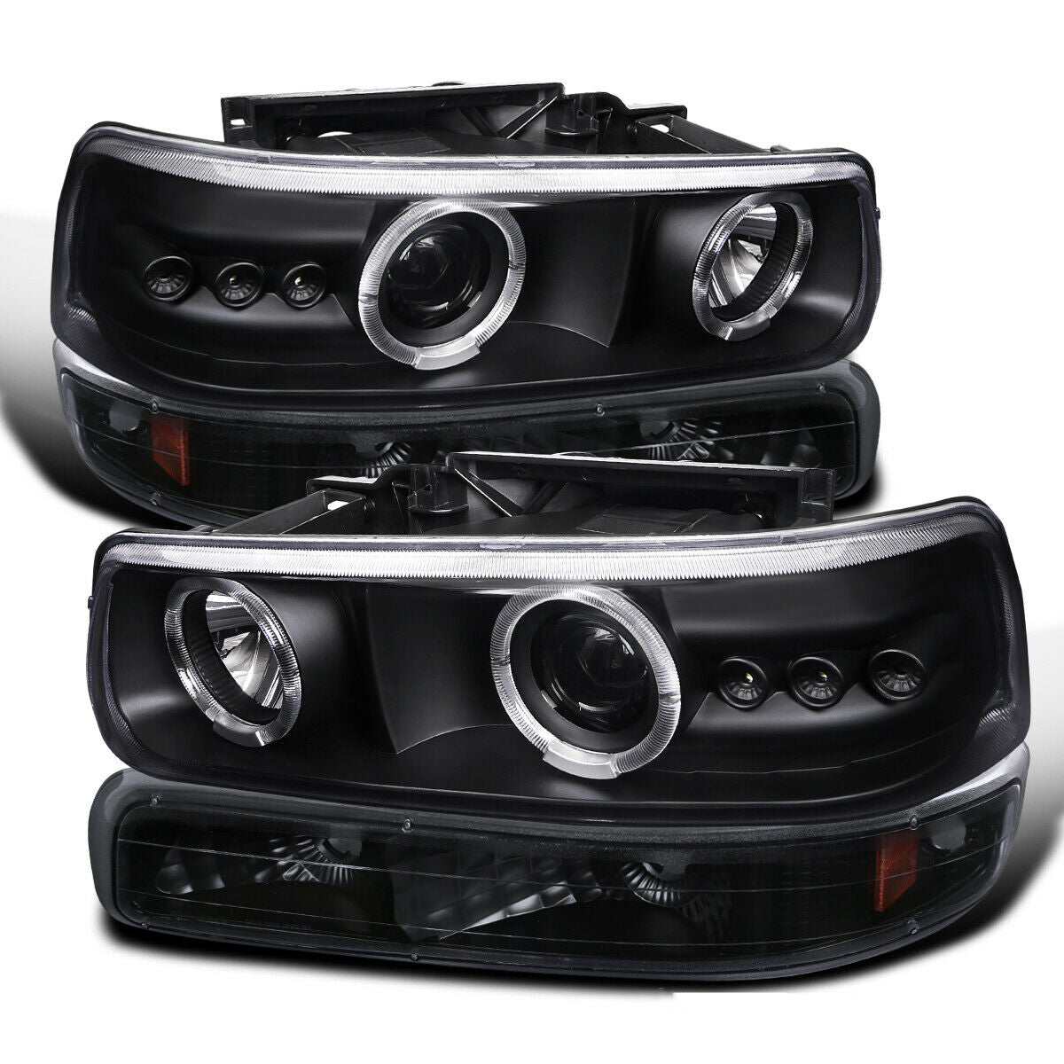 LED DRL Black Projector Headlights+Bumper Lamps for 1999-2002 Chevy Silverado Tahoe Suburban 1500 2500